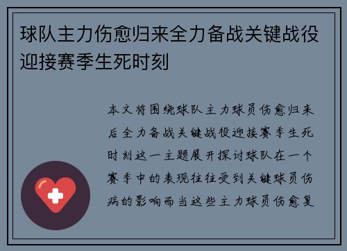 球队主力伤愈归来全力备战关键战役迎接赛季生死时刻