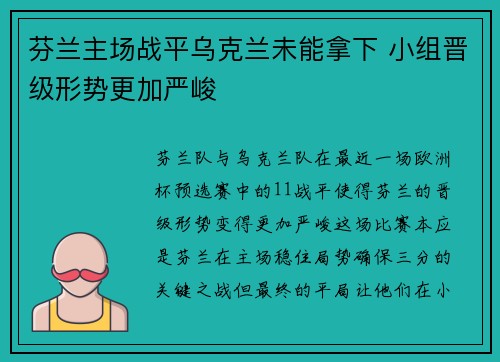 芬兰主场战平乌克兰未能拿下 小组晋级形势更加严峻