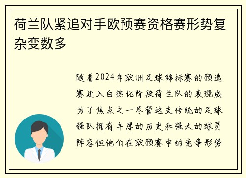 荷兰队紧追对手欧预赛资格赛形势复杂变数多