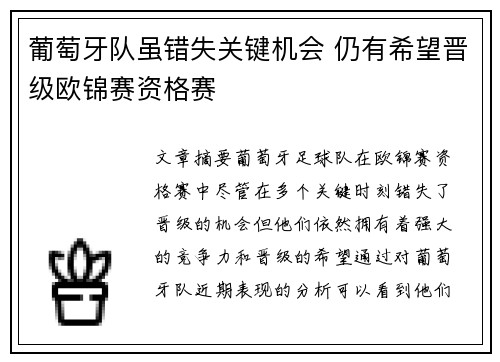 葡萄牙队虽错失关键机会 仍有希望晋级欧锦赛资格赛