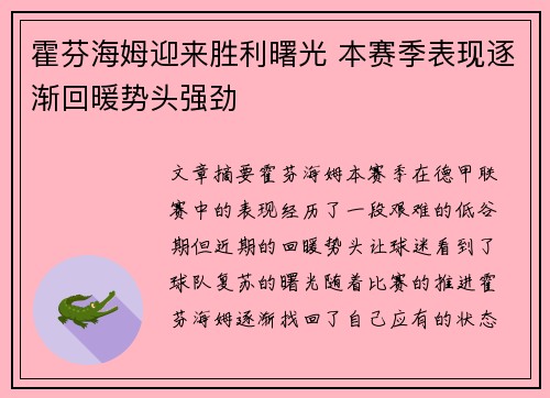 霍芬海姆迎来胜利曙光 本赛季表现逐渐回暖势头强劲
