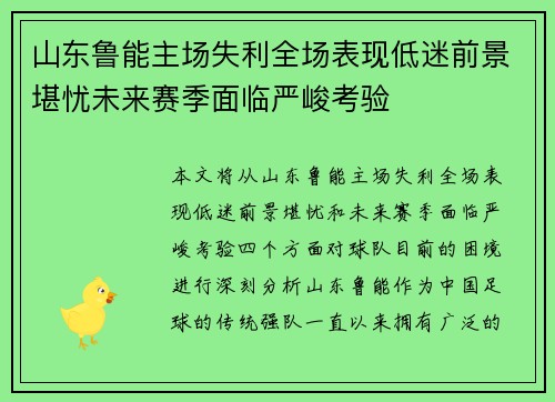 山东鲁能主场失利全场表现低迷前景堪忧未来赛季面临严峻考验