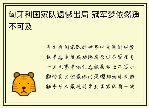 匈牙利国家队遗憾出局 冠军梦依然遥不可及