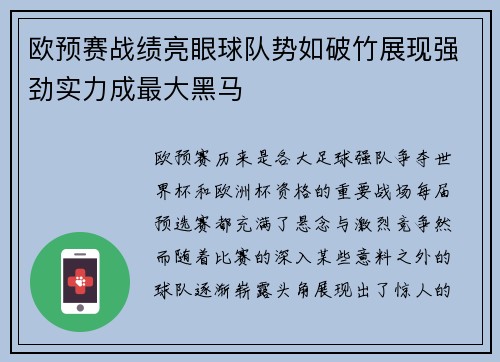 欧预赛战绩亮眼球队势如破竹展现强劲实力成最大黑马