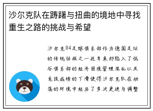 沙尔克队在踌躇与扭曲的境地中寻找重生之路的挑战与希望