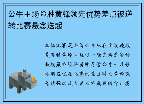 公牛主场险胜黄蜂领先优势差点被逆转比赛悬念迭起