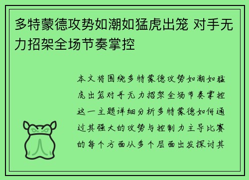 多特蒙德攻势如潮如猛虎出笼 对手无力招架全场节奏掌控
