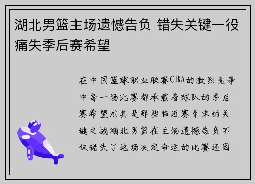 湖北男篮主场遗憾告负 错失关键一役痛失季后赛希望