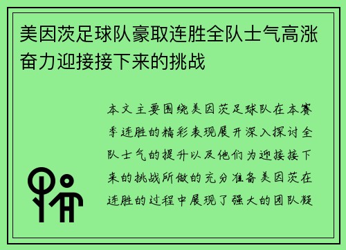 美因茨足球队豪取连胜全队士气高涨奋力迎接接下来的挑战