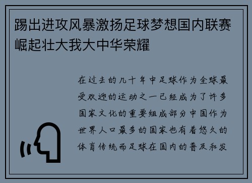 踢出进攻风暴激扬足球梦想国内联赛崛起壮大我大中华荣耀