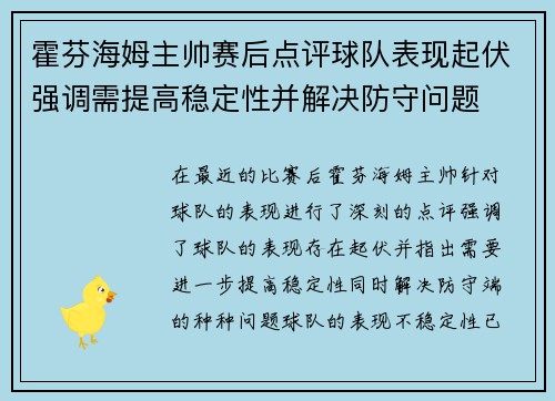霍芬海姆主帅赛后点评球队表现起伏强调需提高稳定性并解决防守问题