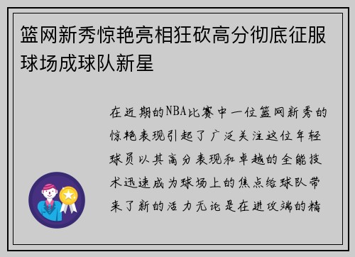 篮网新秀惊艳亮相狂砍高分彻底征服球场成球队新星