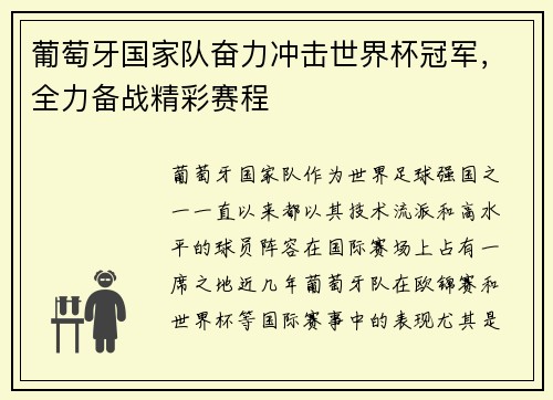 葡萄牙国家队奋力冲击世界杯冠军，全力备战精彩赛程